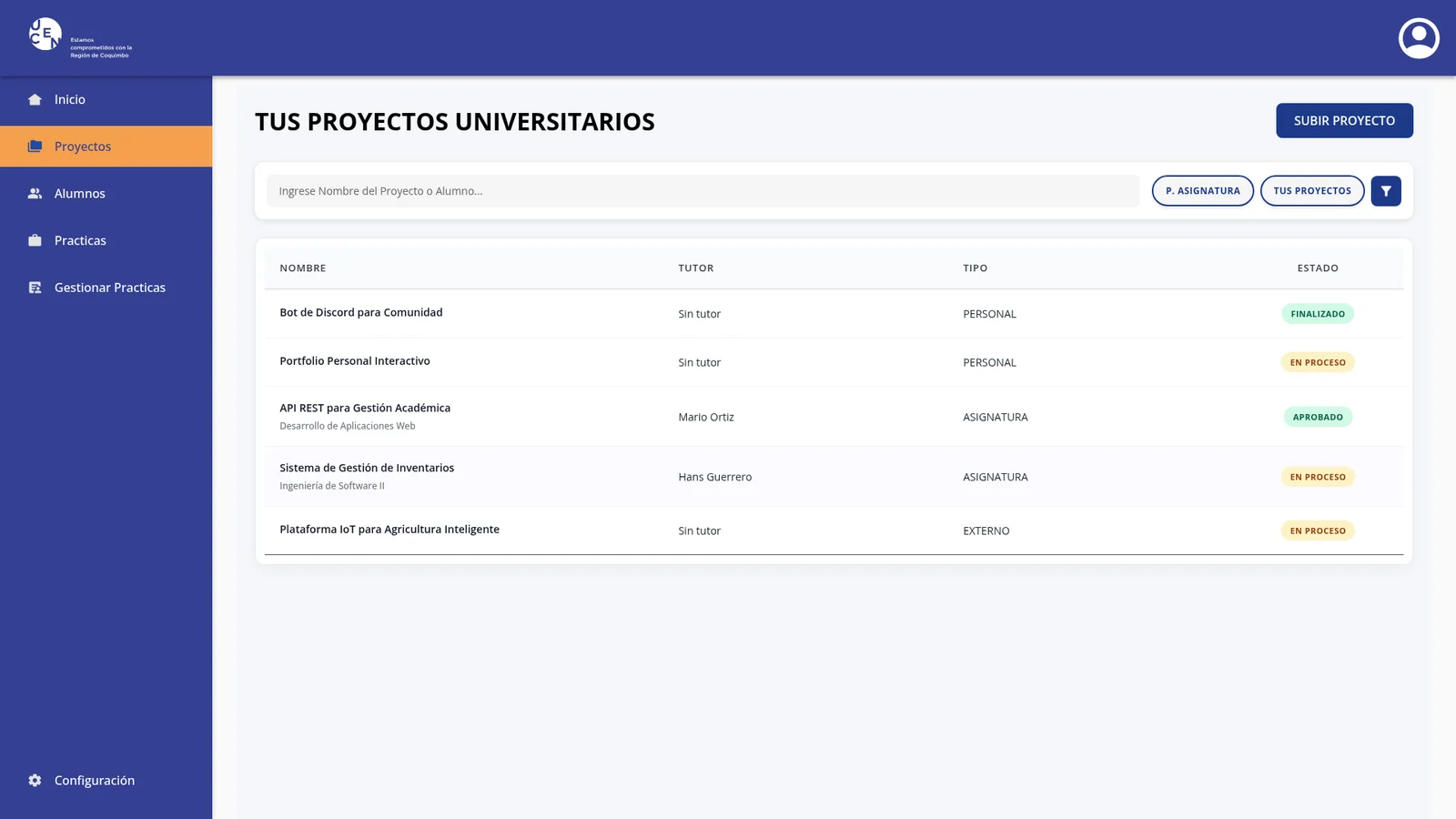 DREAMS: listado de proyectos universitarios con tutor, tipo y estado, junto a los módulos de alumnos y prácticas