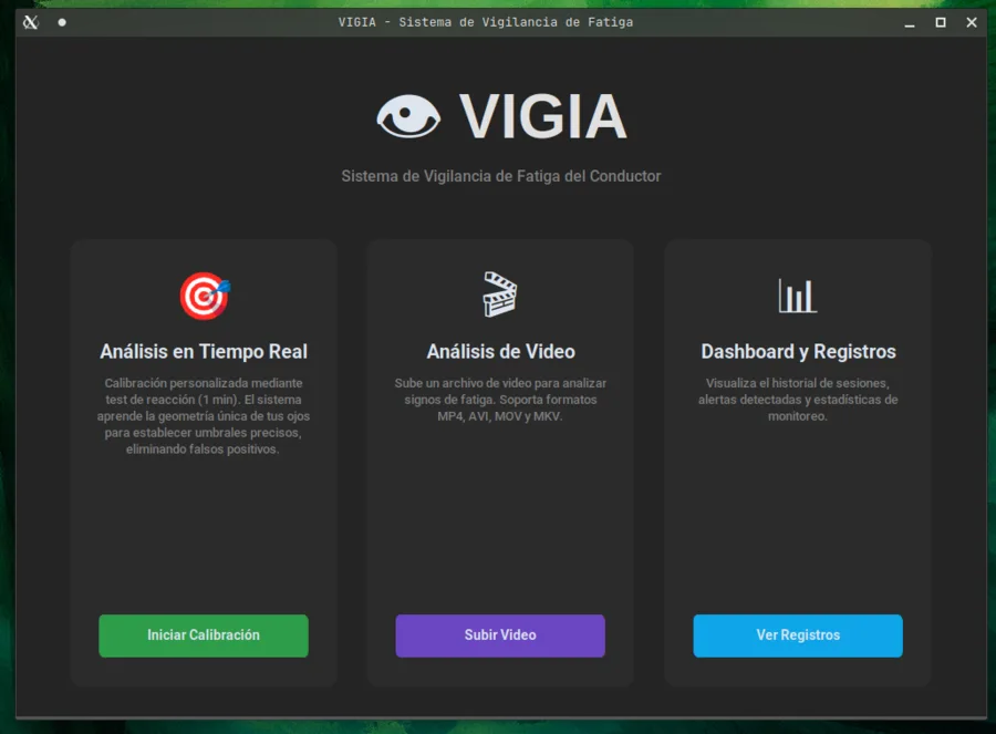 Pantalla principal de VIGIA: análisis en tiempo real, análisis de video y registros